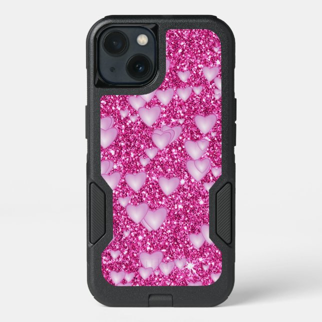 Hearts on Sparkling glitter print, pink Otterbox iPhone Case (Back)