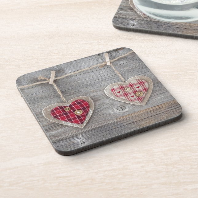 Hearts over a Wooden Table Beverage Coaster (Left Side)