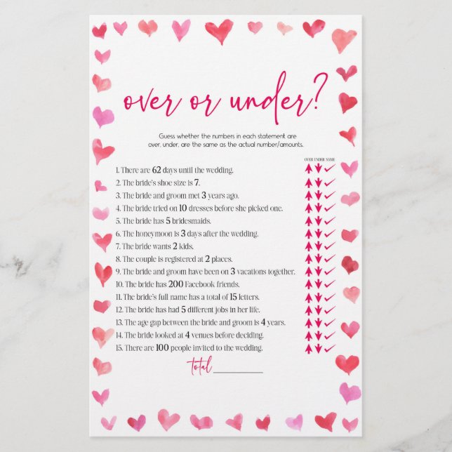Hearts Over or Under Bridal Shower Game  Stationery (Front)