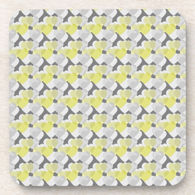 Hearts Overlay Yellow and Gray Pattern Beverage Coaster (Front)