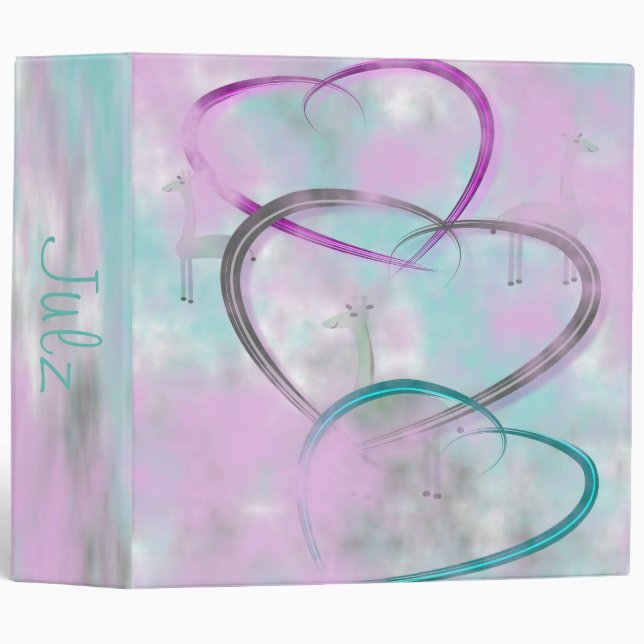 Hearts Pastel Clouds Giraffe Love Personalized 3 Ring Binder (Front/Spine)