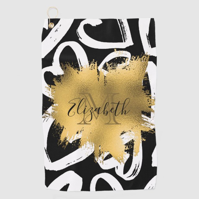 Hearts Pattern and Golden Foil Golf Towel (Front)
