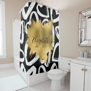 Hearts Pattern and Golden Foil Shower Curtain