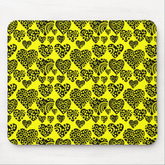 Hearts Pattern - Black on Yellow Mouse Pad