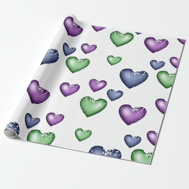 Hearts Pattern Blue Green Purple for Valentine's d Wrapping Paper (Unrolled)