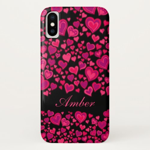 Hearts pattern hot pink  black named iphone case