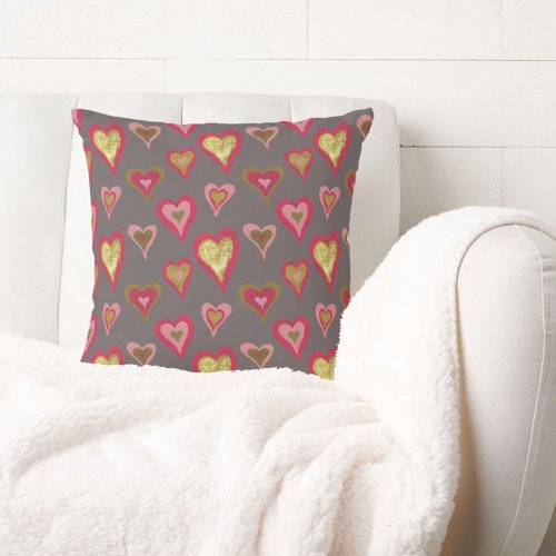 Hearts Pattern in Red Pink and Gold Decorative  Throw Pillow