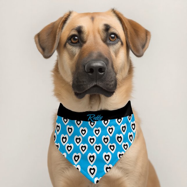 Hearts Pattern Name Blue Black Pet Bandana Collar (Dog 2)