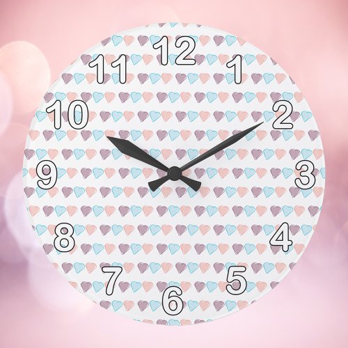 Hearts Pattern Pink Blue Purple Numbers Large Clock