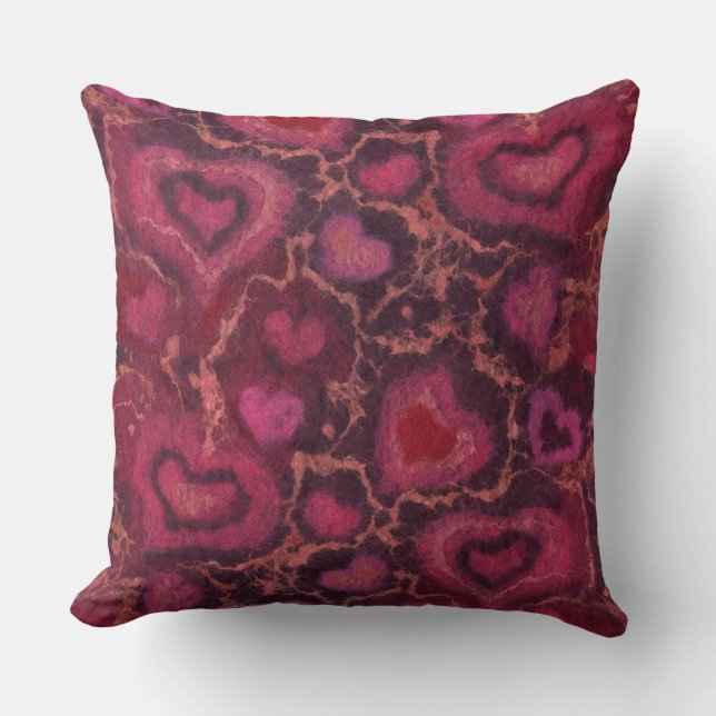 “Hearts” pattern, red, burgundy & pink, fiber art Throw Pillow (Front)
