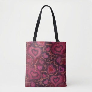 “Hearts” pattern, red, burgundy & pink, fiber art Tote Bag