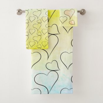 Hearts Pattern.   Watercolor Hearts.  Pastel Lemon Bath Towel Set by myMegaStore at Zazzle