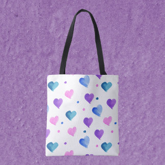 Hearts Pattern Watercolor Pink Blue Purple Tote Bag
