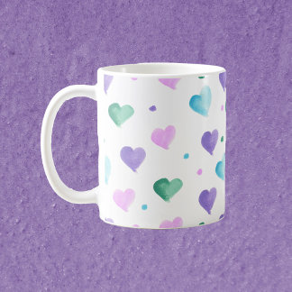 Hearts Pattern Watercolor Pink Green Purple Blue Coffee Mug
