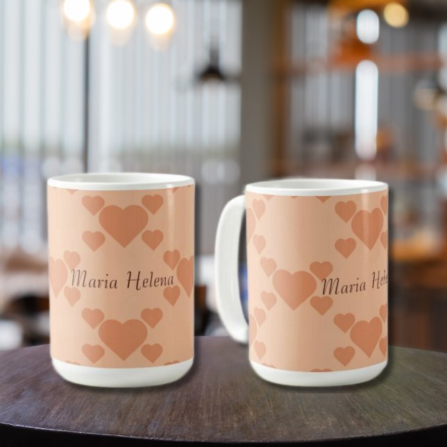 Hearts Peach Fuzz Custom Name or text Coffee Mug (Peach Hearts Mug with custom name: Maria Helena. Multilingual Project.)