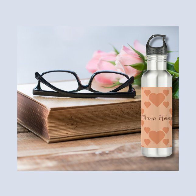 Hearts Peach Fuzz Custom Name or text Stainless Steel Water Bottle (Peach Hearts text with customisable name Water bottle. Multilingual Project.)
