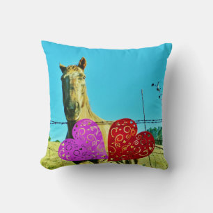 Hearts Pink and Red & Cream Horse Throw Pillow