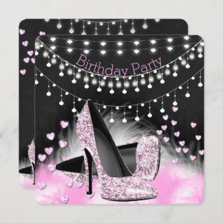 Hearts Pink High Heels Birthday Chalkboard Lights Invitation