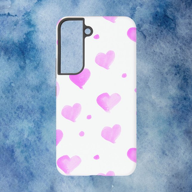 Hearts Pink Watercolor Pattern Samsung Galaxy Case (A phone case with pink watercolor hearts and polka dots.)