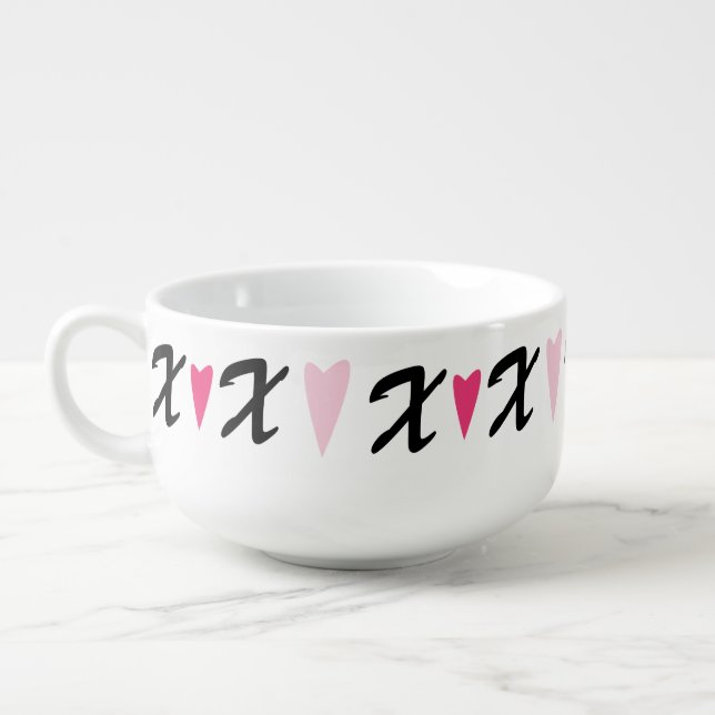 Hearts Pink X's and Hearts Pattern Soup Mug (Right)