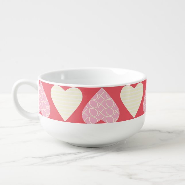 Hearts Pink Yellow Pastel Pattern Soup Mug (Right)