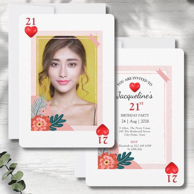 Hearts Playing Card 21st Birthday Party Invitation (21st birthday playing card style party invitations with envelopes on a grey wood background)