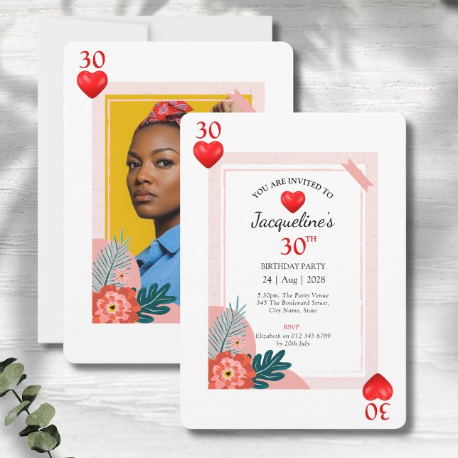 Hearts Playing Card 30th Birthday Party Invitation (30th birthday hearts playing card style party invitations on a grey wood background.)