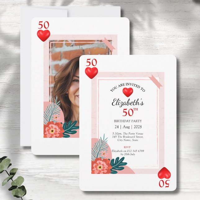 Hearts Playing Card 50th Birthday Party Invitation (50th birthday party invitations in playing card style on a grey wood background.)