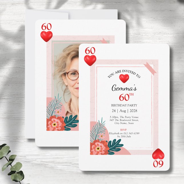 Hearts Playing Card 60th Birthday Party Invitation (60th birthday party invitations in a playing card style on a grey wood background.)