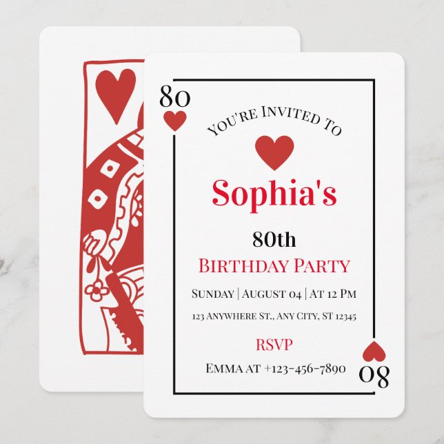 Hearts Playing Card 80th Birthday Party Invitation (Front/Back)
