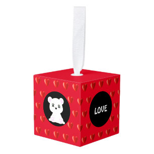 Hearts, polar bear and calligraphy cube ornament
