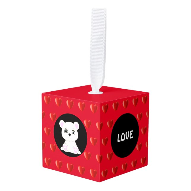 Hearts, polar bear and calligraphy cube ornament (Front Angled)