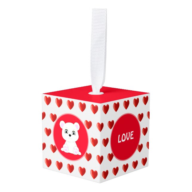 Hearts, polar bear and calligraphy on white cube ornament (Front Angled)