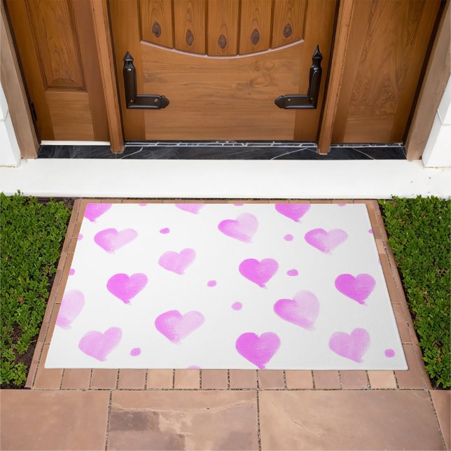 Hearts Polka Dot Watercolor Pink Pattern Doormat (Outdoor)
