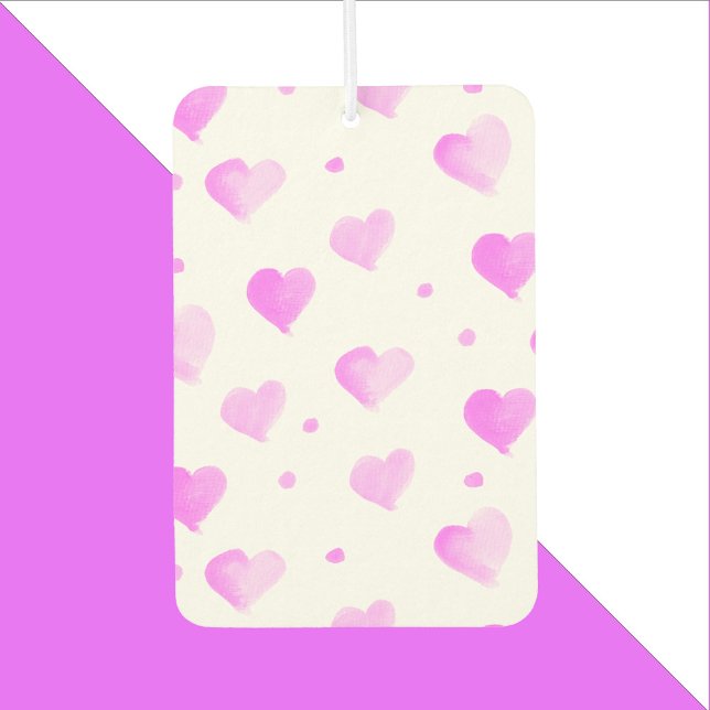 Hearts Polka Dots Watercolor Pink Pattern Air Freshener (An air freshener with a pink watercolor heart pattern.)