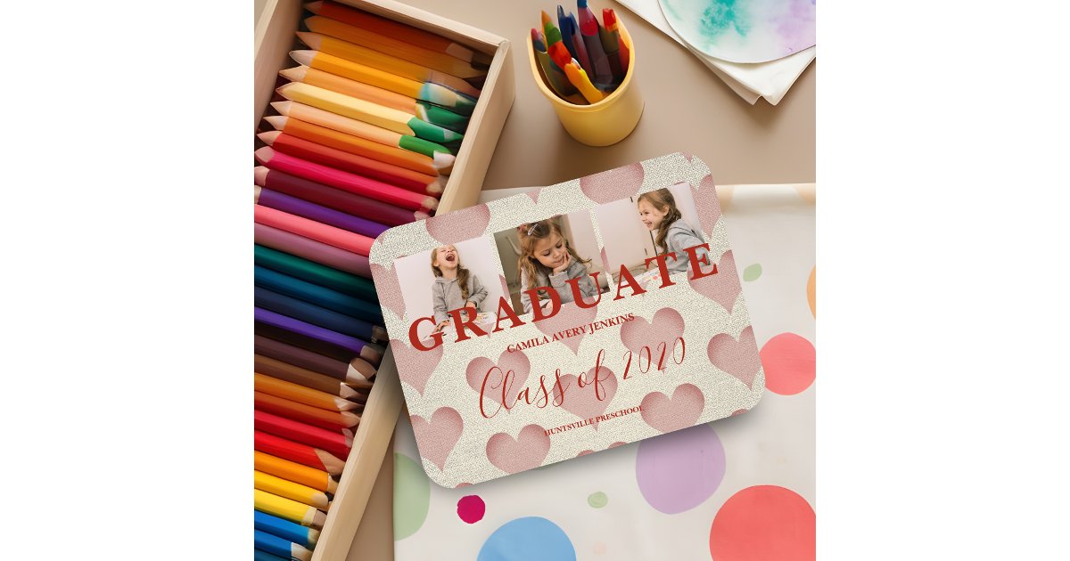 Hearts Pre-K Graduation 3 Photos Textile Texture Magnet | Zazzle