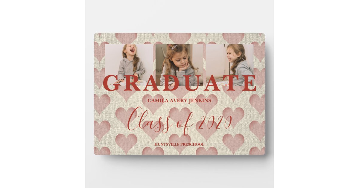 Hearts Pre-K Graduation 3 Photos Textile Texture Plaque | Zazzle