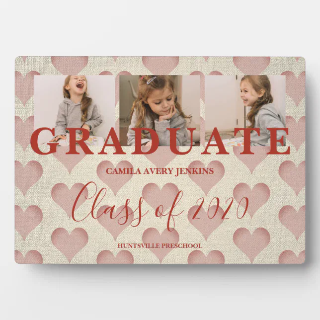 Hearts Pre-K Graduation 3 Photos Textile Texture Plaque | Zazzle