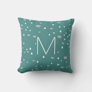 hearts, rain drops & diamonds, stylish blue throw pillow
