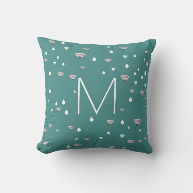 hearts, rain drops & diamonds, stylish blue throw pillow (Front)
