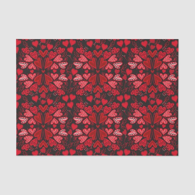 Hearts Red and Pink on Black Background Valentines Tissue Paper (Front)