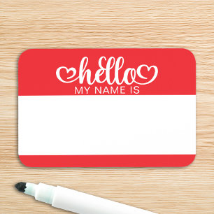 Hearts Red and White Hello My Name Is Tag
