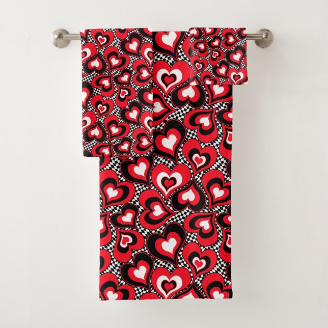 Hearts, red, black, white bath towel set (Insitu)