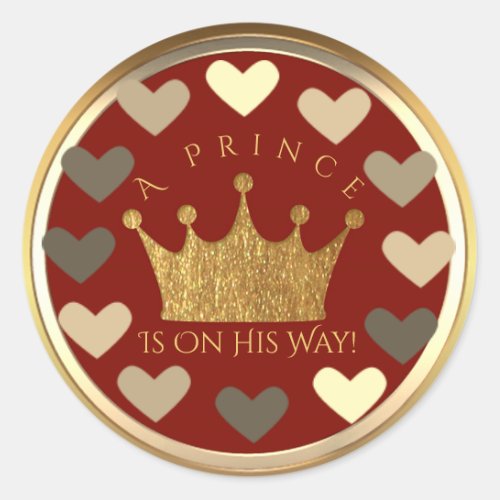 Hearts Red Gold Crown Prince Baby Shower Favor Classic Round Sticker