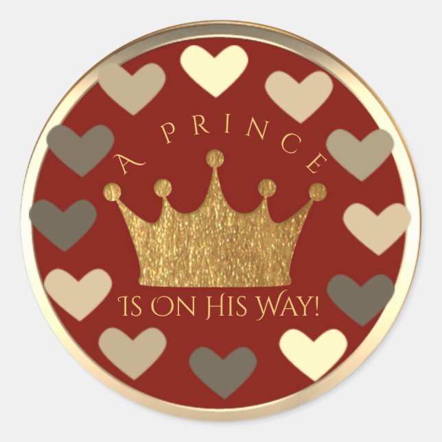 Hearts Red Gold Crown Prince Baby Shower Favor Classic Round Sticker (Front)