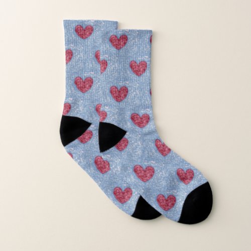 Hearts Red  Pink  Blue Faux Fuzzy Design Socks