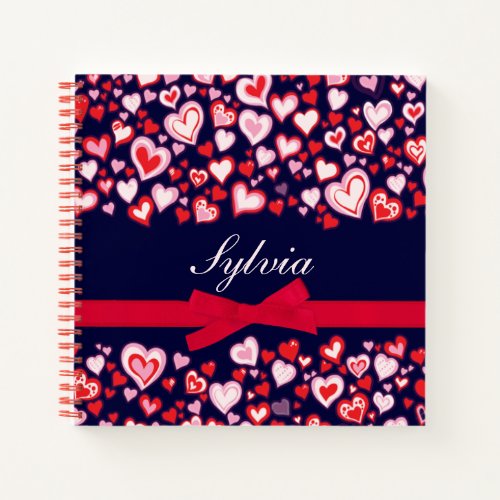 Hearts red pink mauve and navy name ribbon notebook