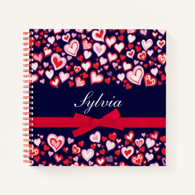 Hearts red pink, mauve and navy name ribbon notebook (Front)