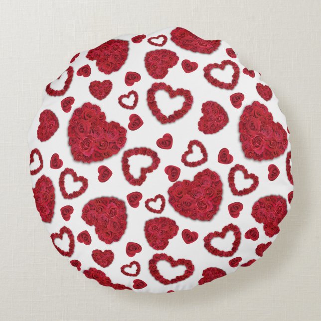 Hearts Red Roses Pattern Minimalist Round Pillow (Back)