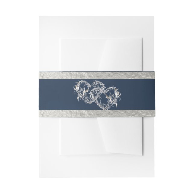 Hearts & Ribbon - Blue/Silver Invitation Belly Band (Front Example)